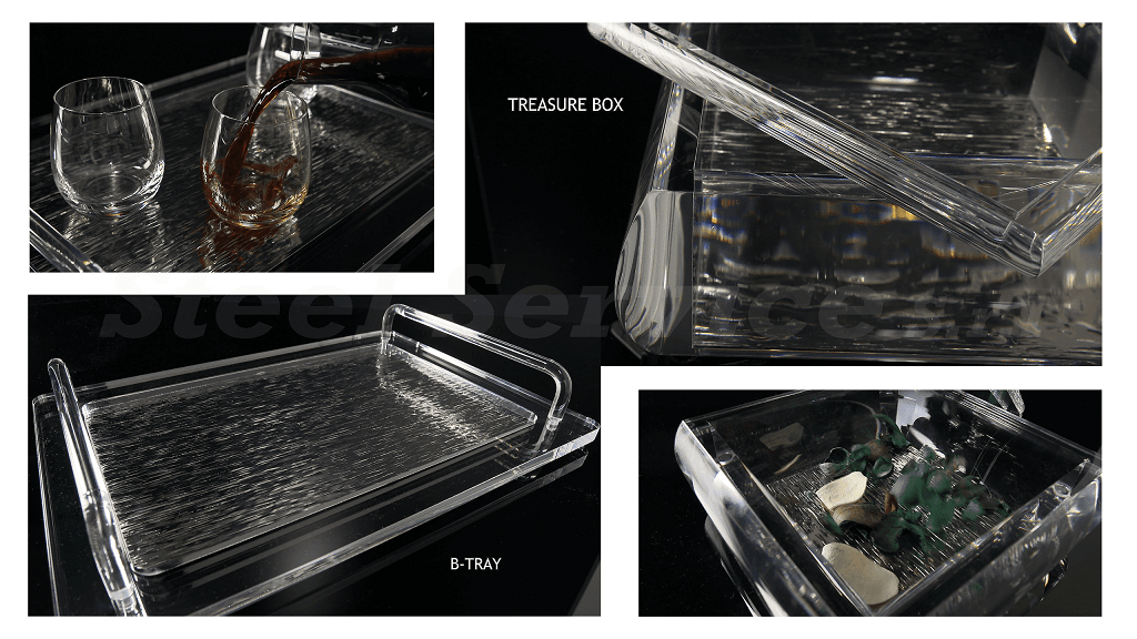 Vassoio B-Tray e scatola Treasure Box Italy Steel Project realizzati con acciaio inox rigidizzato 10WG e plexiglass